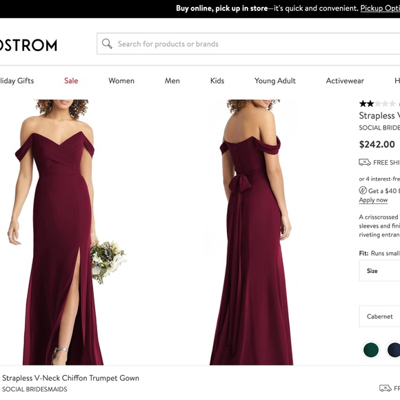 NEW 8193 SOCIAL BRIDESMAIDS Cabernet STRAPLESS V-Neck CHIFFON Trumpet GOWN 10 - Picture 2 of 12